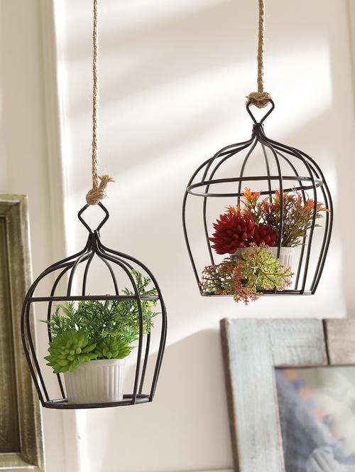 Set of 2 Charming Artificial Plants with Pot & Cage Style Stand - 14495990 - Very Small Image - 1