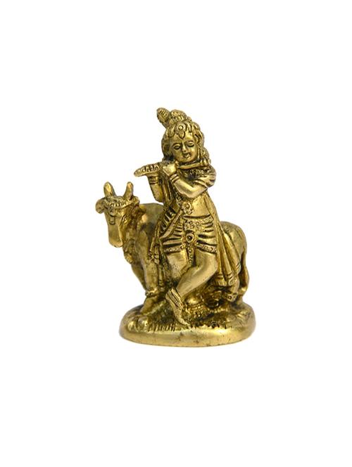 Brass Religious Idol of Cow With God Bal Krishna In Small Size Handicrafts Product - 14496325 - Very Small Image - 1