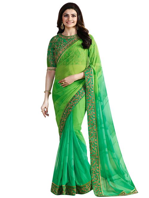 green georgette printed saree with blouse - 14496803 - Very Small Image - 1