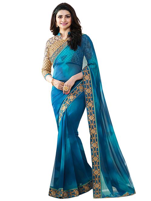 blue georgette printed saree with blouse - 14496804 - Standard Image - 1