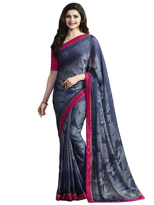 grey silk printed saree with blouse - 14496813 - Very Small Image - 1