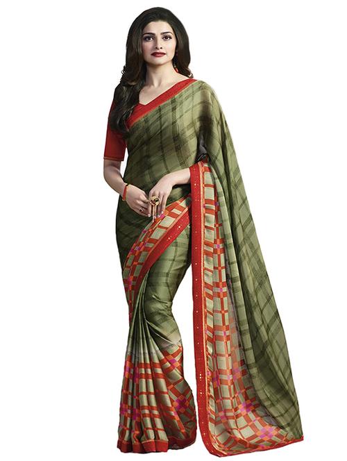 green silk printed saree with blouse - 14496814 - Very Small Image - 1