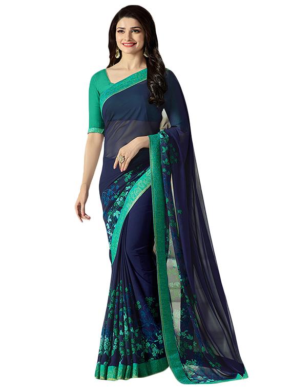 blue georgette printed saree with blouse - 14496819 - Zoom Image - 1