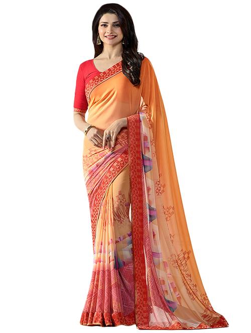 orange georgette printed saree with blouse - 14496825 - Very Small Image - 1