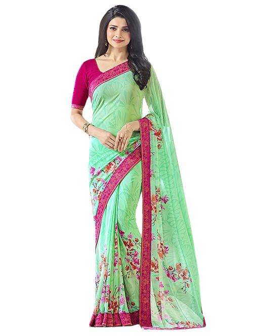 green georgette printed saree with blouse - 14496828 - Standard Image - 1