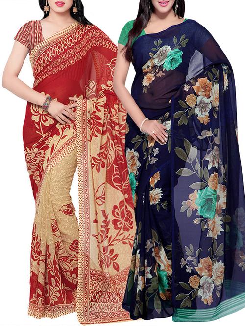 Multicolored combos saree with blouse - 14497155 - Very Small Image - 1