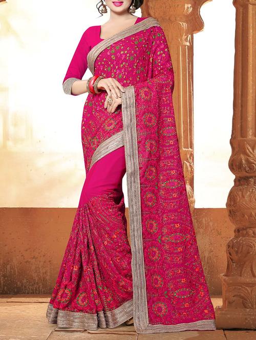 pink georgette embroidered saree with blouse - 14497485 - Very Small Image - 1