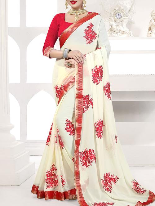 white georgette embroidered saree with blouse - 14497495 - Very Small Image - 1