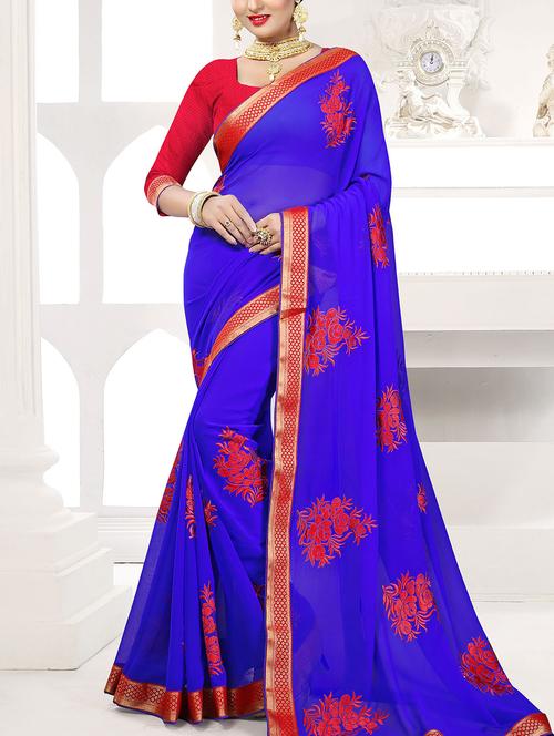 blue georgette embroidered saree with blouse - 14497496 - Very Small Image - 1