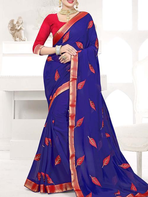 blue georgette embroidered saree with blouse - 14497501 - Very Small Image - 1