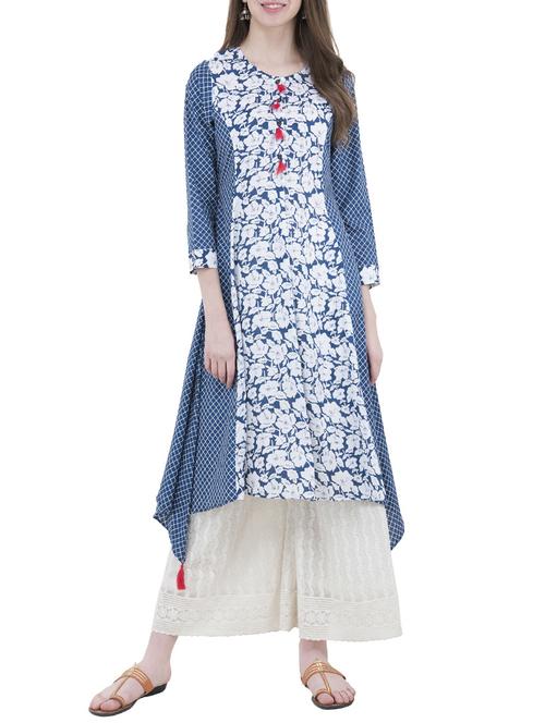 blue cotton asymmetric kurta - 14497563 - Standard Image - 1