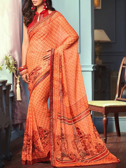 peach printed saree with blouse - 14497652 - Very Small Image - 1