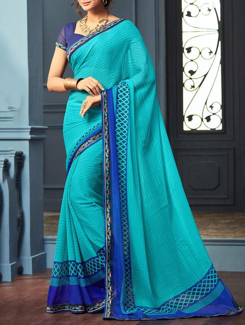 Contrast bordered printed saree with blouse - 14497660 - Very Small Image - 1