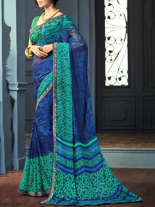 blue chiffon printed saree with blouse - 14497664 - Very Small Image - 1