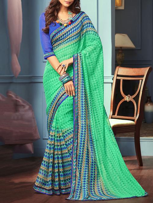 green chiffon printed saree with blouse - 14497667 - Very Small Image - 1