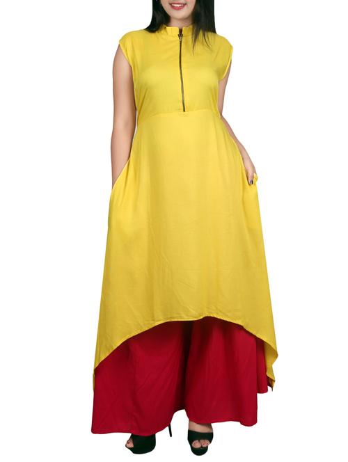 yellow cotton printed asymmetric kurta - 14497987 - Standard Image - 1