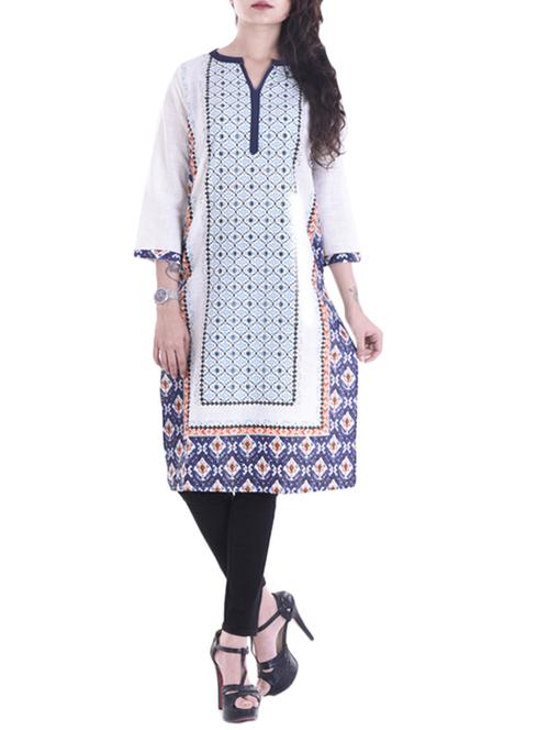 white cotton printed straight kurta - 14498002 - Very Small Image - 1