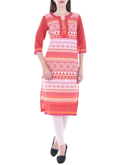 red cotton printed straight kurta - 14498029 - Very Small Image - 1