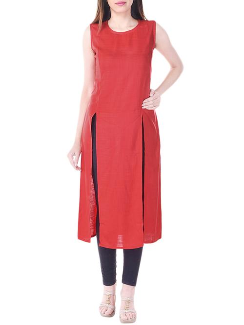 red cotton straight kurta - 14498037 - Very Small Image - 1
