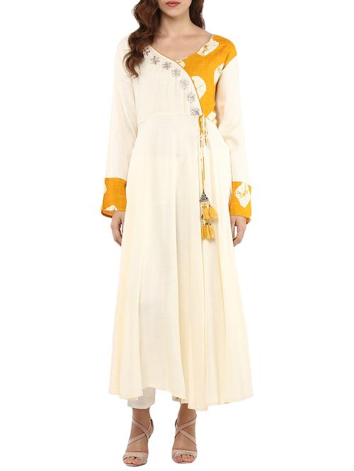 Beige rayon angrakha kurta - 14498490 - Standard Image - 1