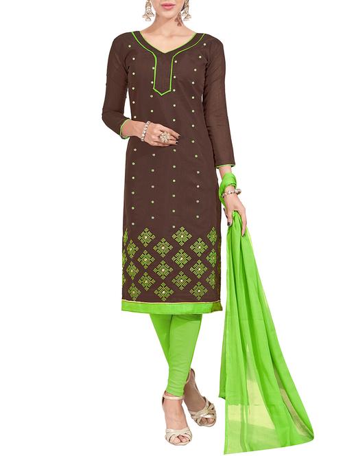 brown chanderi cotton churidaar suit dress material - 14498630 - Very Small Image - 1