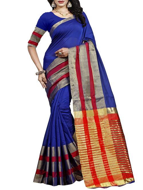 blue cotton bordered saree with blouse - 14499427 - Very Small Image - 1