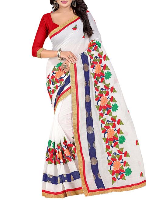 white cotton embroidered saree with blouse - 14499457 - Very Small Image - 1
