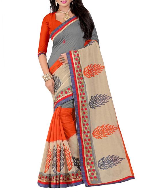 grey cotton embroidered saree with blouse - 14499459 - Very Small Image - 1