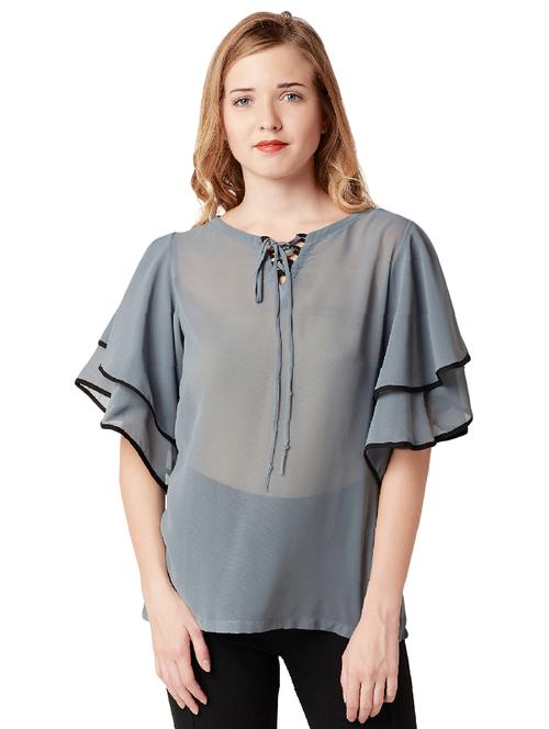 Ruffle layered sleeve sheer top - 14499542 - Very Small Image - 1