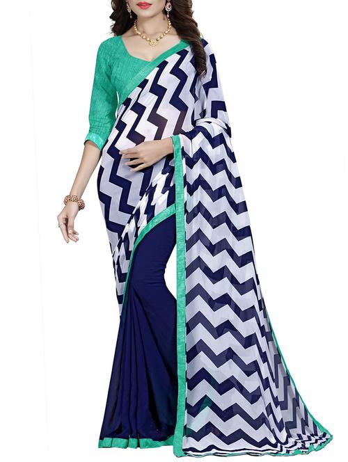 blue georgette printed saree with blouse - 14499702 - Very Small Image - 1