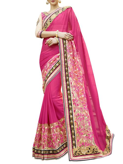 pink poly georgette embroidered saree with blouse - 14499744 - Standard Image - 1