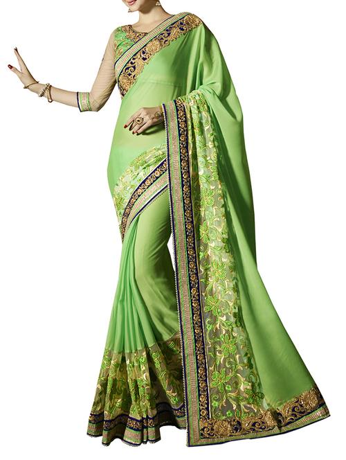 green poly georgette embroidered saree with blouse - 14499745 - Standard Image - 1