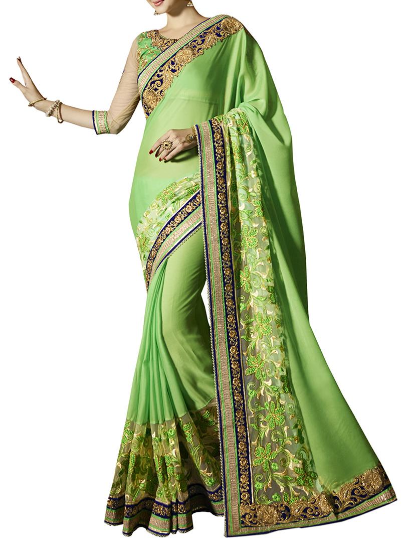 green poly georgette embroidered saree with blouse - 14499745 - Zoom Image - 1
