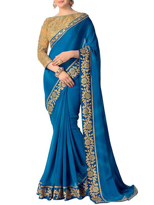 blue silk bordered saree with blouse - 14499753 - Very Small Image - 1