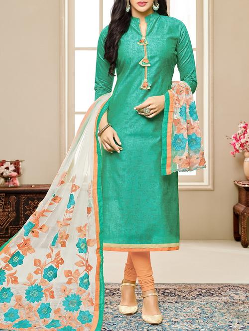 turquoise chanderi cotton churidaar suits unstitched suit - 14499785 - Very Small Image - 1