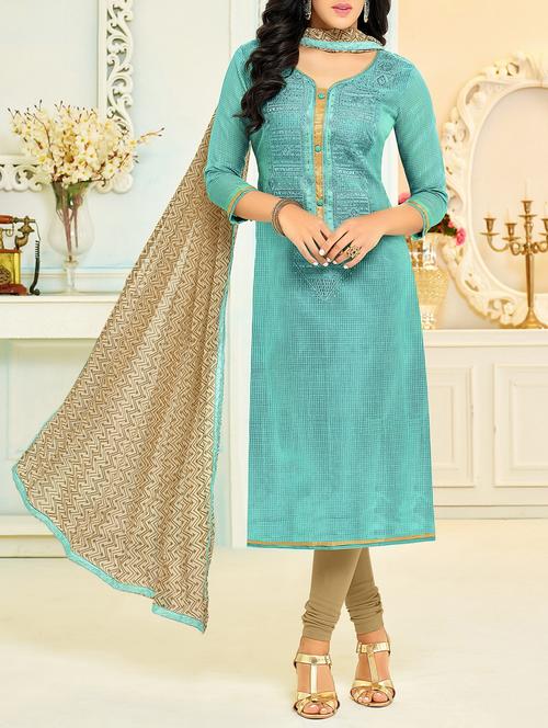 sky blue chanderi cotton churidaar suits unstitched suit - 14499795 - Very Small Image - 1