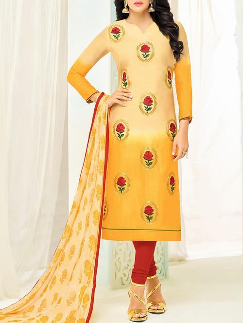 yellow chanderi cotton churidaar suits unstitched suit - 14499807 - Very Small Image - 1