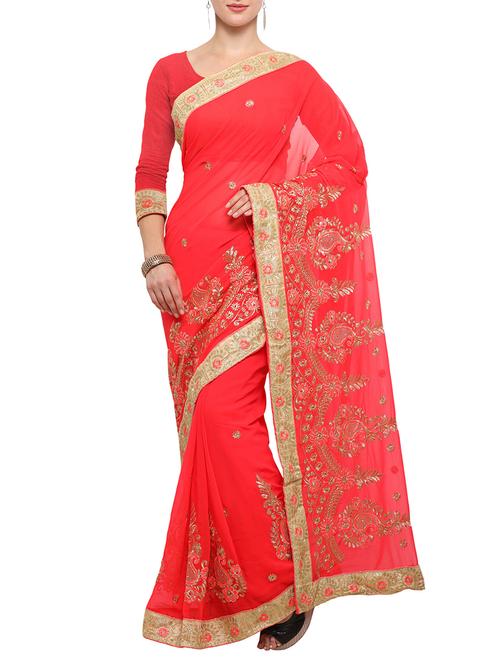 red georgette embroidered saree with blouse - 14501265 - Very Small Image - 1