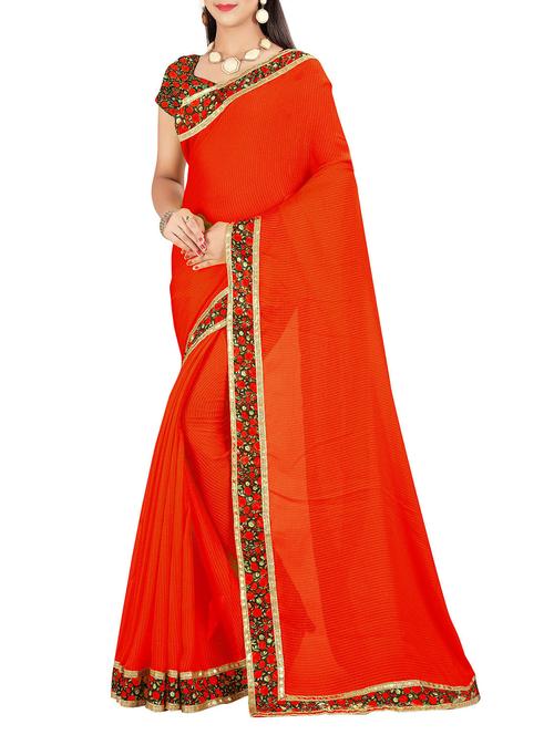 red chiffon bordered saree with blouse - 14501572 - Very Small Image - 1
