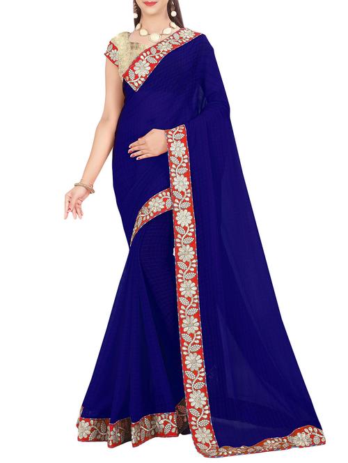 blue chiffon bordered saree with blouse - 14501579 - Very Small Image - 1