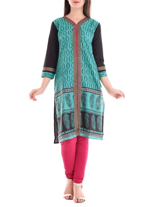 Green cotton straight kurta - 14501644 - Very Small Image - 1