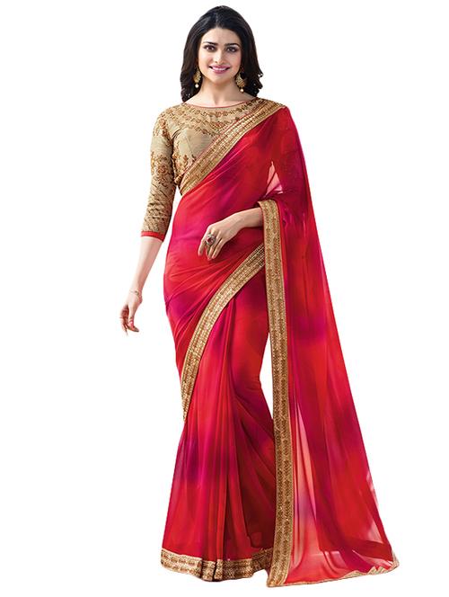 red georgette printed saree with blouse - 14501687 - Very Small Image - 1