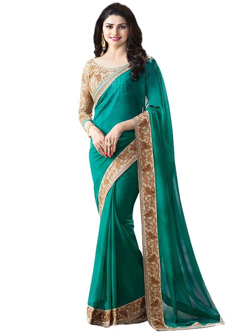 green georgette bordered saree with blouse - 14501690 - Very Small Image - 1