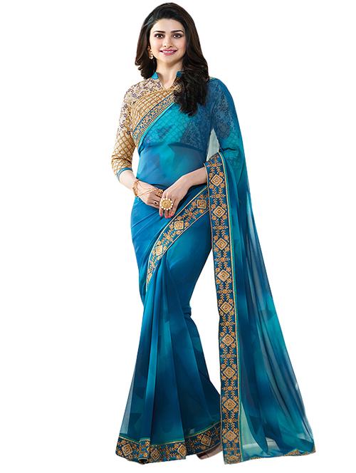 sky blue georgette printed saree with blouse - 14501691 - Very Small Image - 1