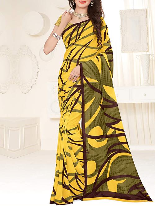 yellow georgette printed saree - 14502139 - Very Small Image - 1