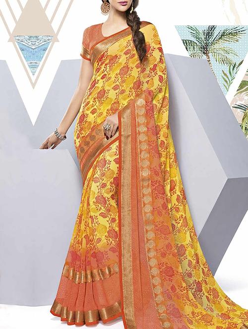 yellow georgette printed saree - 14502184 - Very Small Image - 1