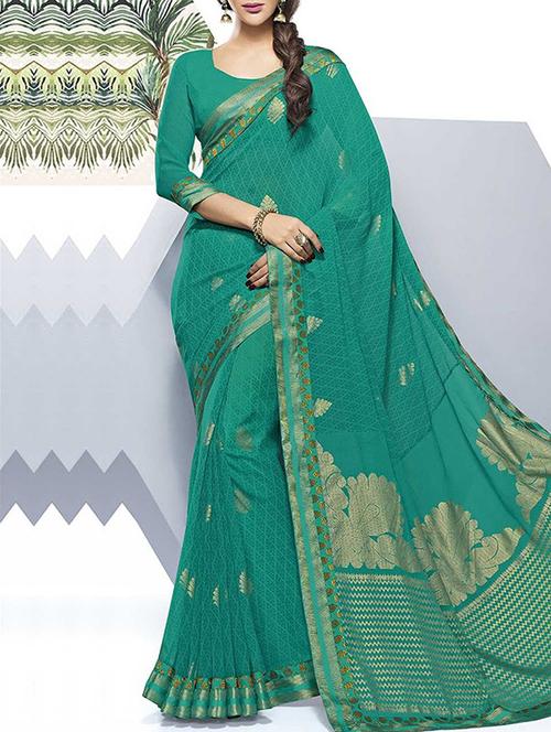 green georgette foil printed saree - 14502192 - Very Small Image - 1
