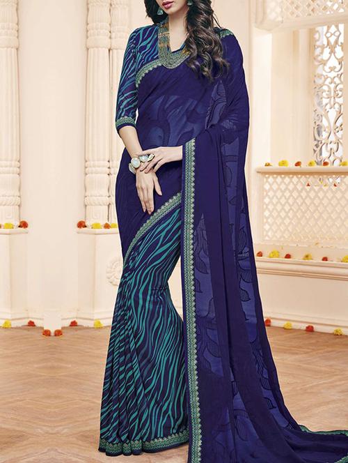 blue georgette printed saree - 14502248 - Very Small Image - 1