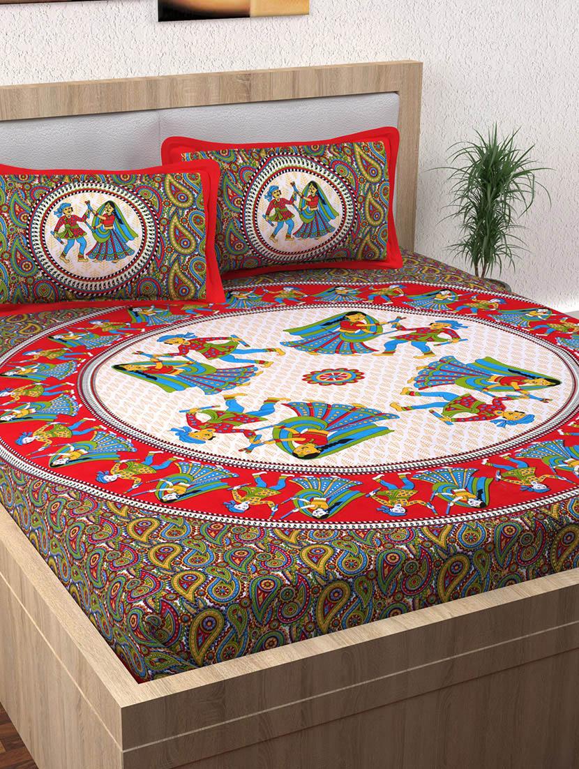 152 TC Pure Cotton Traditional Rajasthani Printed Double Bed Sheet With 2 Pillow Covers - 14502825 - Zoom Image - 1