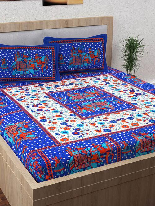 152 TC Pure Cotton Traditional Rajasthani Printed Double Bed Sheet With 2 Pillow Covers - 14502829 - Very Small Image - 1